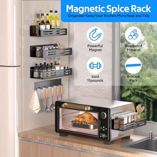 Magnetic Spice Racks with 6-Hooks Metal Fridge Side Shelf V100635