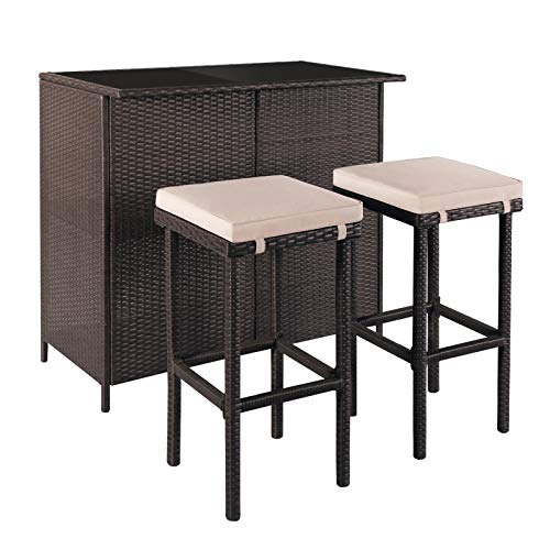 3-Piece Brown Wicker Patio Bar Set with Cushions B64789