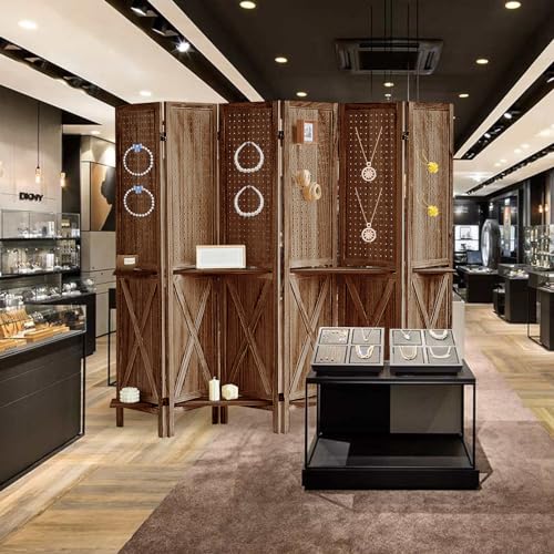 Brown Wooden Pegboard Room Divider with 16 Hooks B557