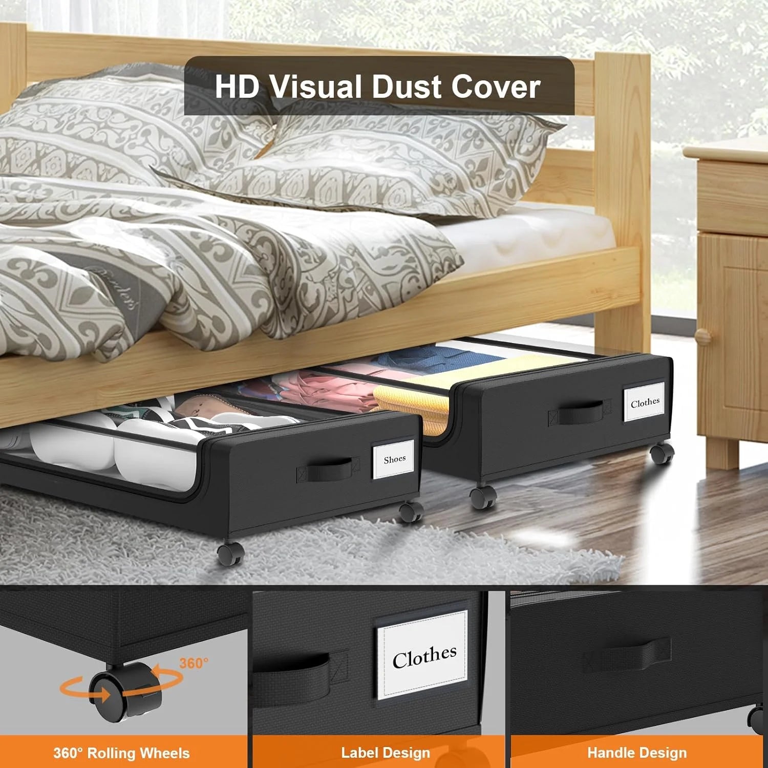 Under Bed Storage with Wheels 2 Pack Large Black V1641