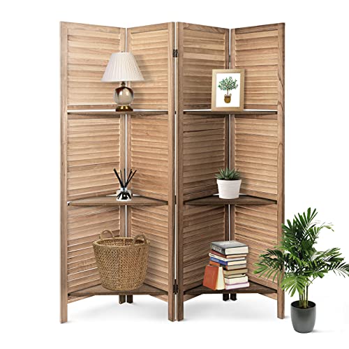 4 Panel Brown Wood Room Divider with Shelves M171