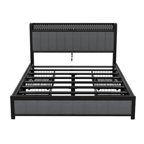 Dark Gray Queen Size Upholstered Platform Bed with 4 Storage Drawers T491351