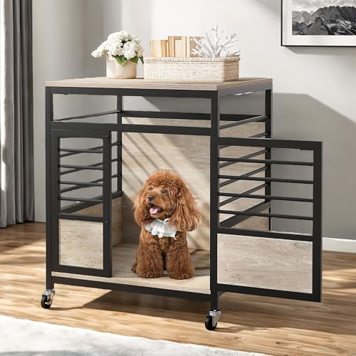 Rustic Brown Wooden Dog Crate with Storage Shelves and Double-Doors G749059
