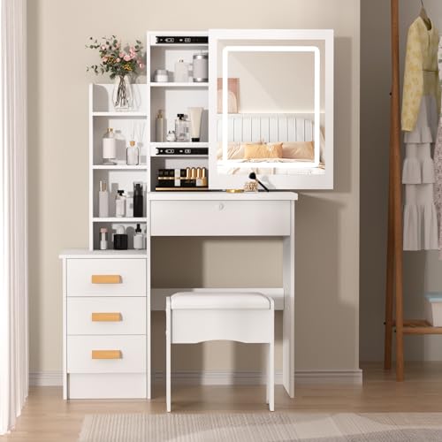 White Vanity Desk with Sliding Mirror and Lights, 4 Drawers X50792