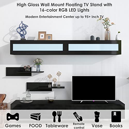 Black High Gloss Wall Mount Floating TV Stand with Four Media Storage Cabinets and Two Shelves F595409