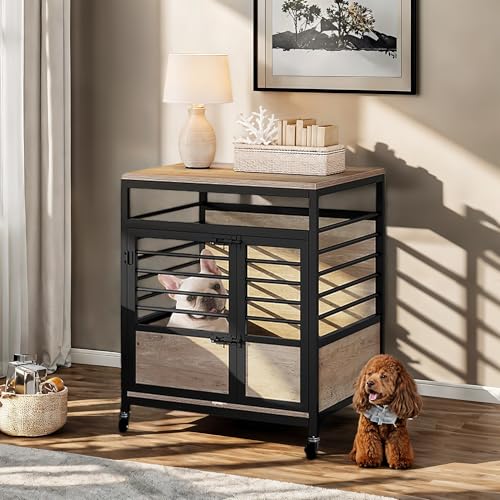 Rustic Brown Wooden Dog Crate with Storage Shelves and Double-Doors G749059