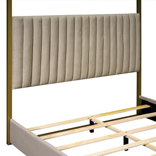 Queen Size Beige Upholstered Canopy Platform Bed Frame K270