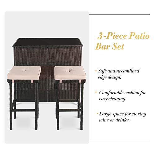 3-Piece Brown Wicker Patio Bar Set with Cushions B64789