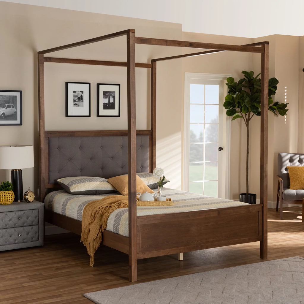 Queen Size Grey Fabric Upholstered Wood Platform Canopy Bed Y276