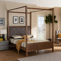 Queen Size Grey Fabric Upholstered Wood Platform Canopy Bed Y276