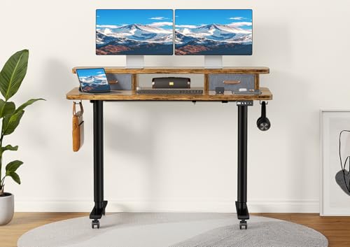 Rustic Brown Electric Standing Desk with Dual Drawers A8953