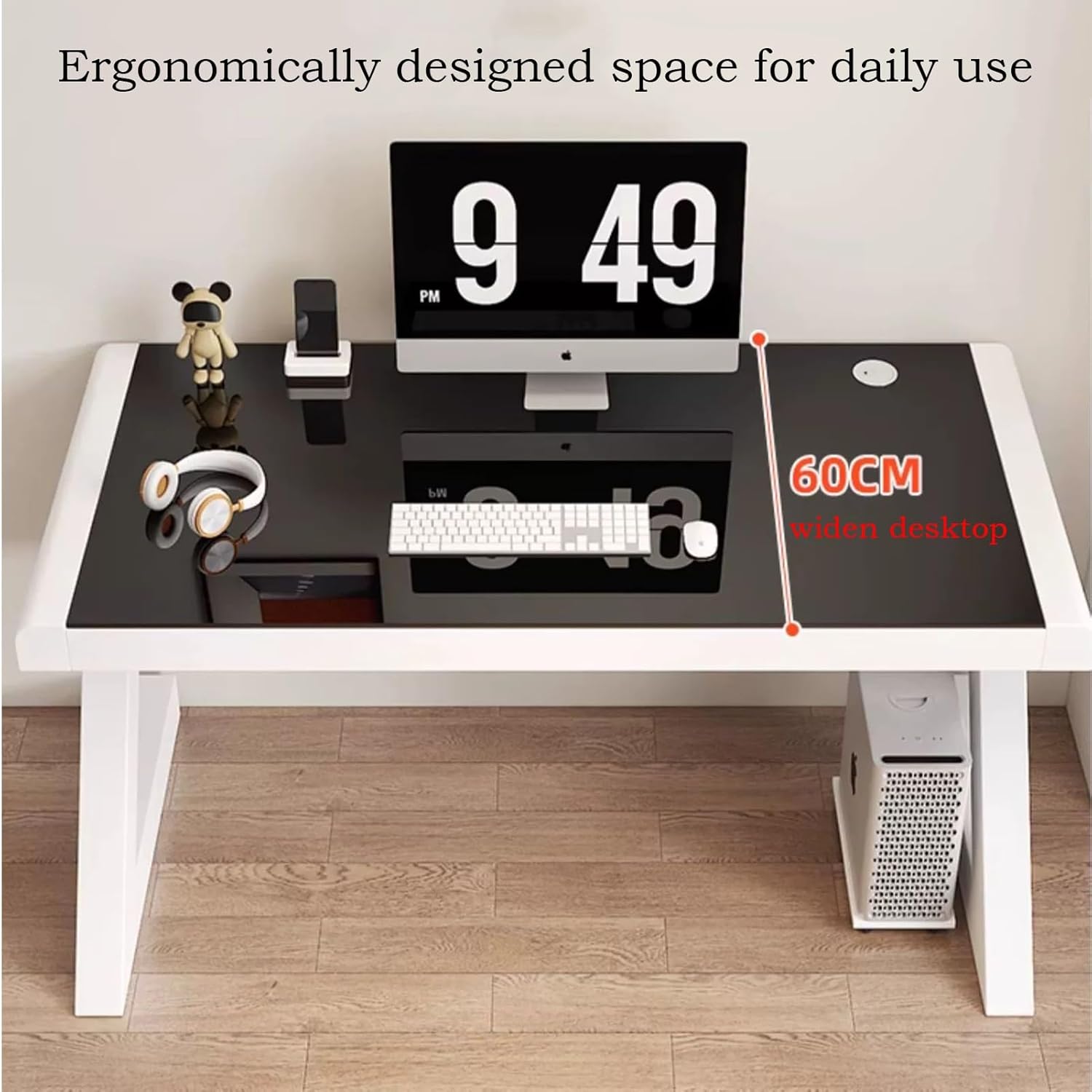 Black Tempered Glass Computer Desk with Threading Hole, 39.3 * 19.6'' Y622786
