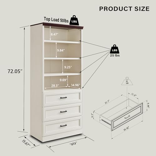 Antique White Tall Storage Cabinet with 3 Drawers and Adjustable Shelves B699519