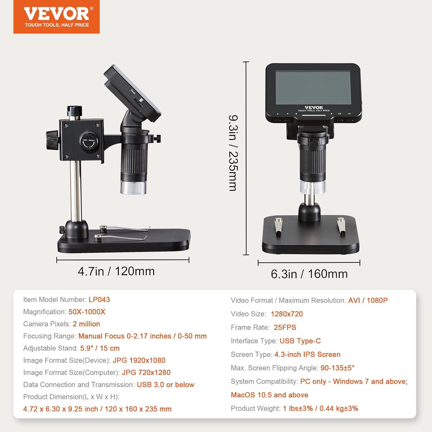 4.3" IPS Screen 50X-1000X Magnification LCD Digital Microscope with 8 LED Lights and 32GB SD Card X9759