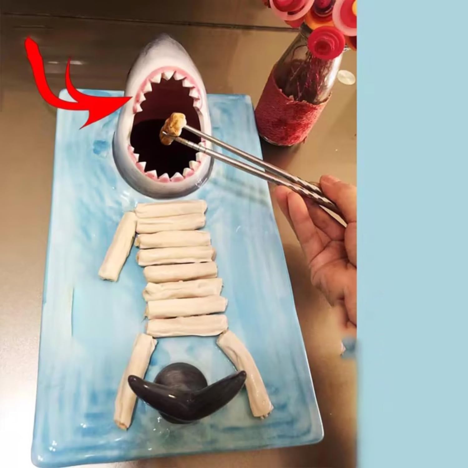 Shark Ceramic Sushi Plate with Soy Sauce Bowl and Chopstick Holder V4057
