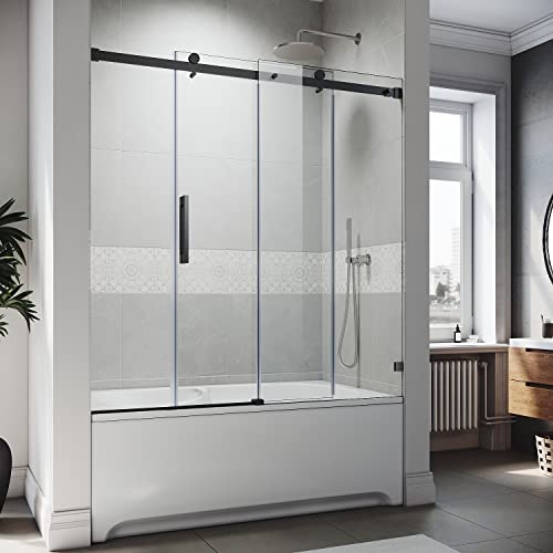 Frameless Sliding Tub Door 58.5-60" W X 62" H with 5/16" Clear Tempered Glass Matte Black Q317