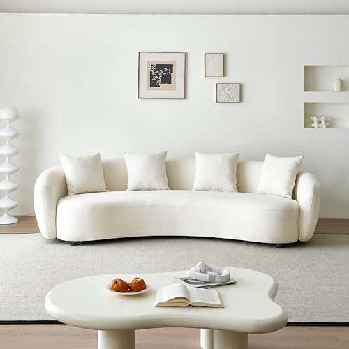 Curved Boucle Cream 4 Seater Sofa with 4 Throw Pillows H512502