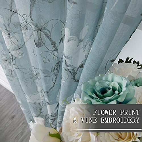 Floral Blue Short Sheer Curtains, 54 x 45 inches, Set of 2 Panels L4439