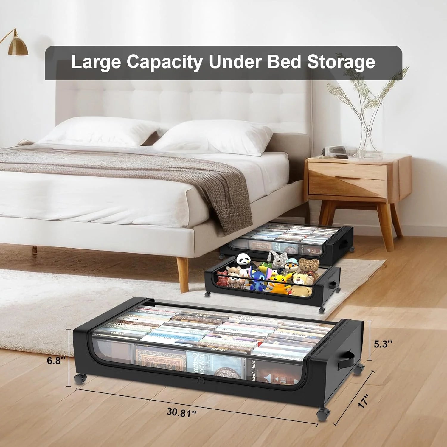 Under Bed Storage with Wheels 2 Pack Large Black V1641