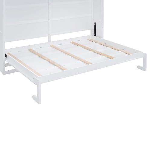 White Full Size Foldable Wall Bed with Storage Cabinet U5691