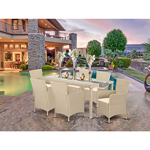 7 Piece Wicker Patio Furniture Set with Rectangle Glass Top Table and 6 Armchair with Cushion, Cream C862953