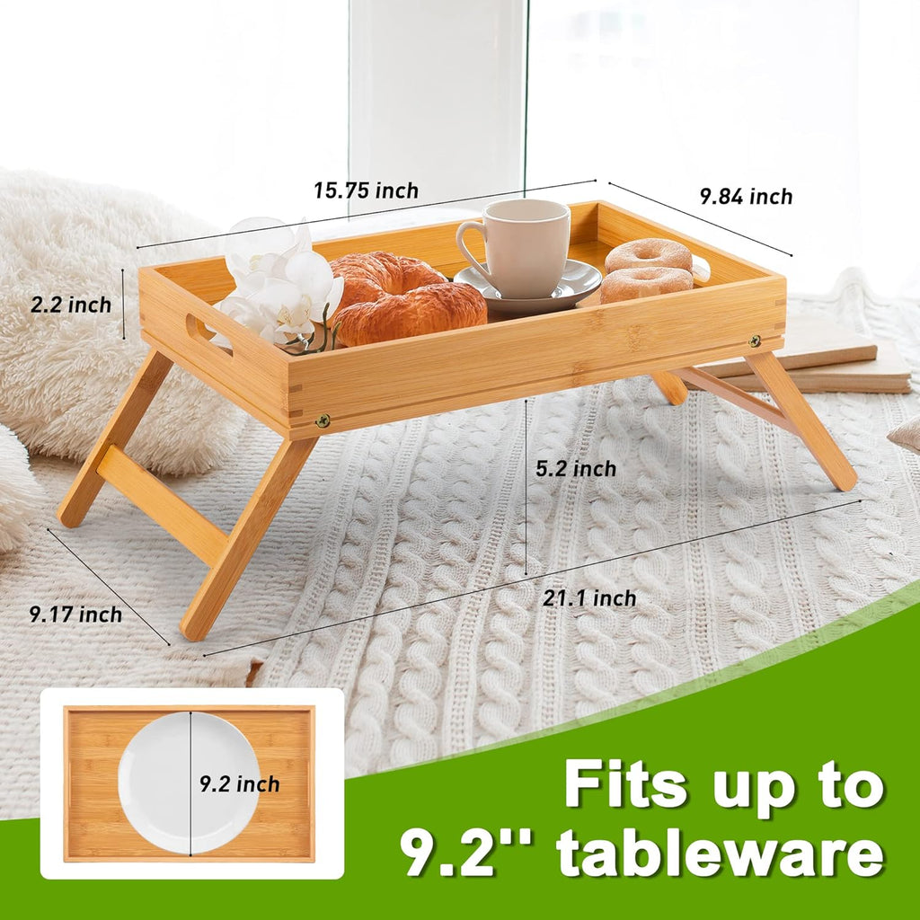 Bamboo Folding Bed Tray Table with Handles and Phone Holder Q14604