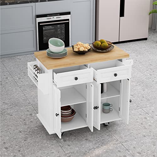 White Kitchen Island Cart with Wood Top and Drop Leaf H73662
