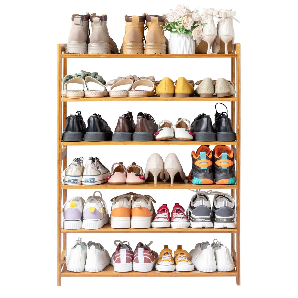 6 Tiers Bamboo Shoe Storage Rack, 18-24 Pairs, Wood Color U2843