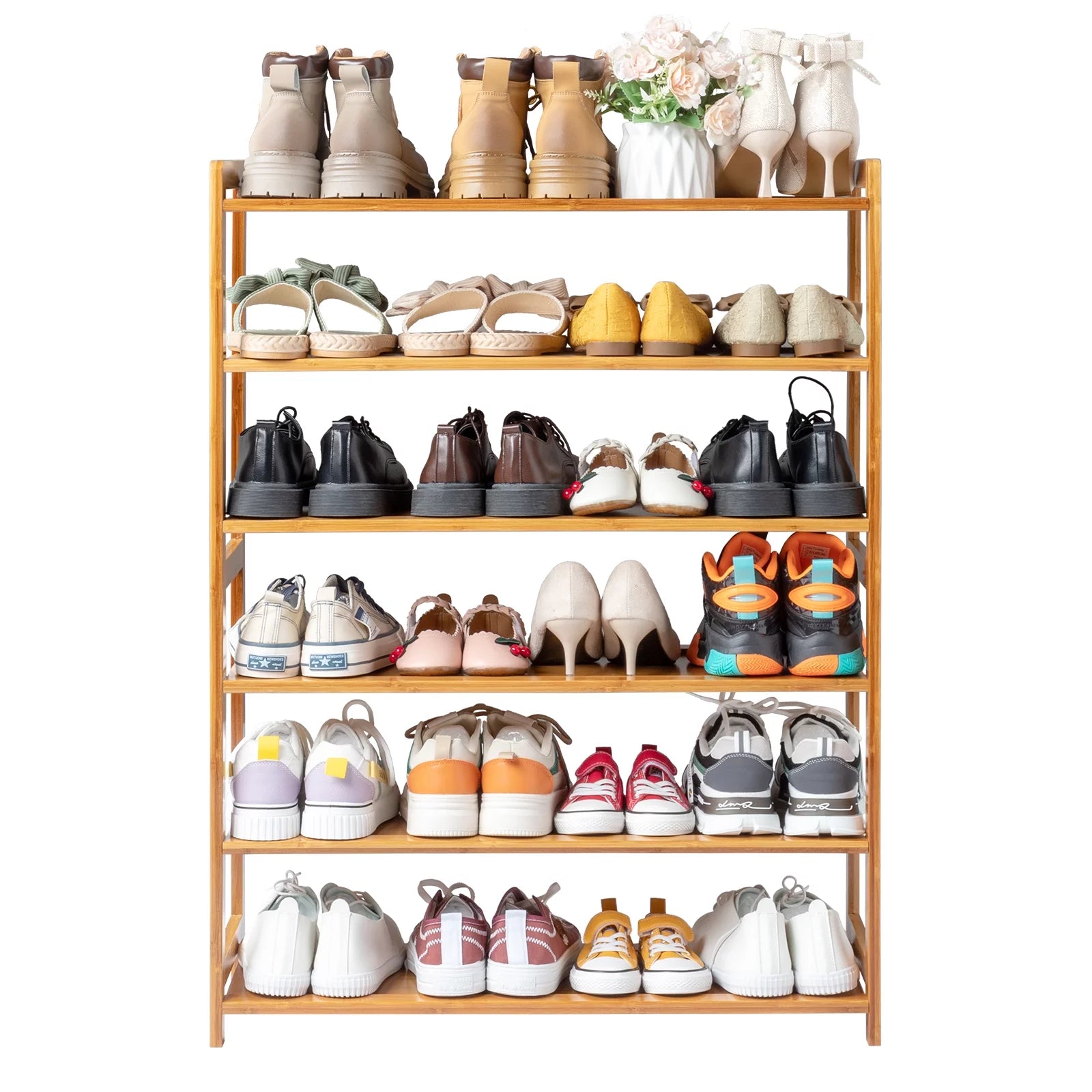 6 Tiers Bamboo Shoe Storage Rack, 18-24 Pairs, Wood Color U2843