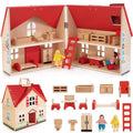 Foldable Wooden Dollhouse with 13pcs Furniture, 4 Rooms and 2 Flexible Dolls T5818
