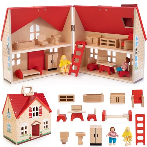 Foldable Wooden Dollhouse with 13pcs Furniture, 4 Rooms and 2 Flexible Dolls T5818