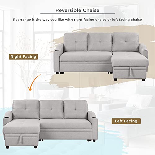 80.3" Linen Fabric Pull Out Sofa Bed with Storage Chaise Q51521
