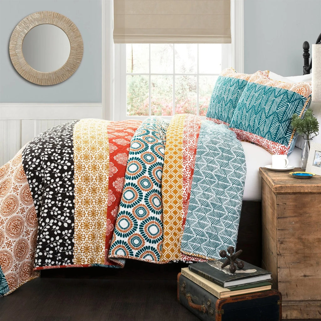 Teal Orange Bohemian Stripe 3 Piece Reversible Cotton Quilt Set P839492