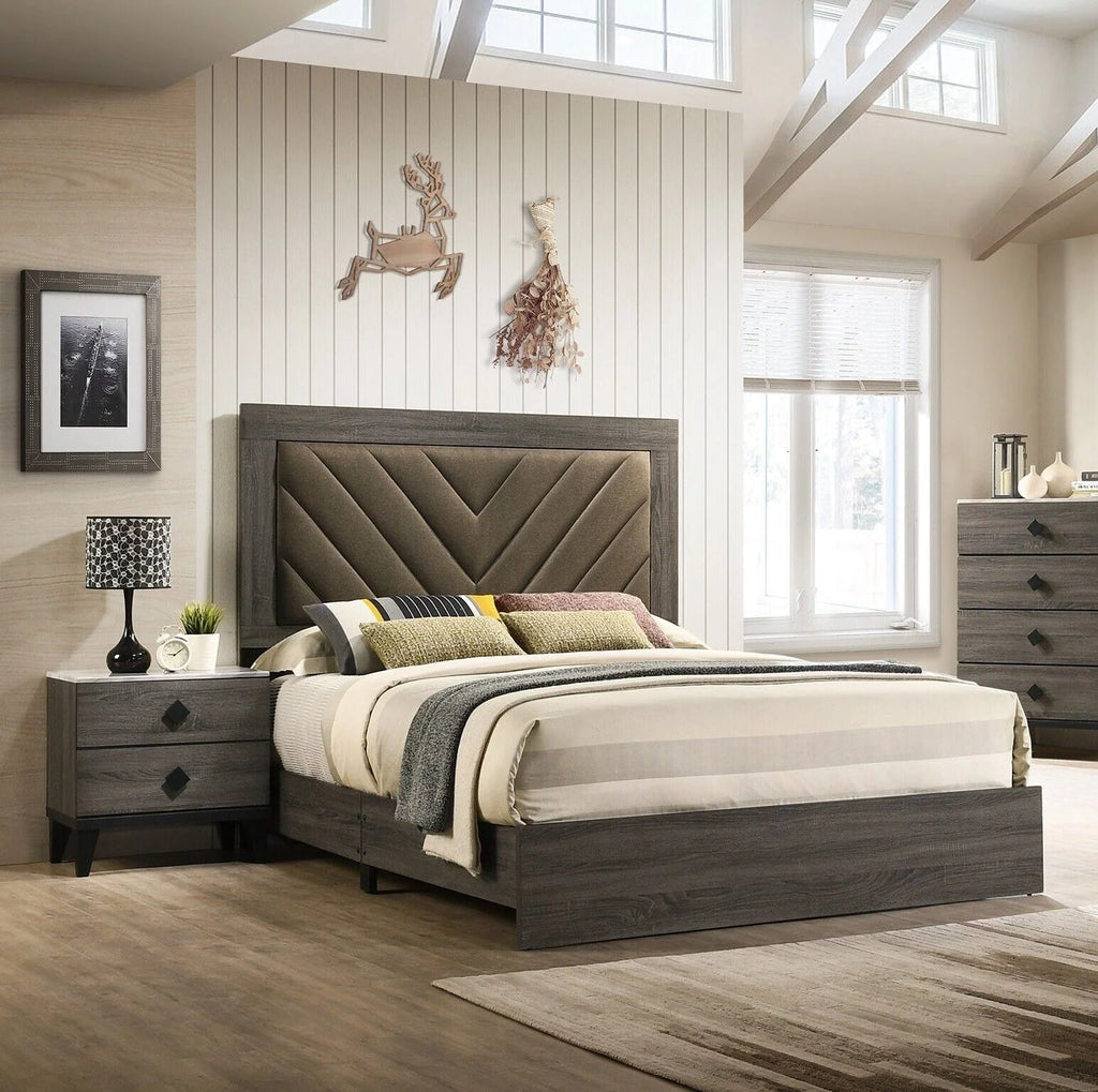 Gray Queen Size Wooden Bedframe with 2 Nightstands 3pc Furniture Set I343996