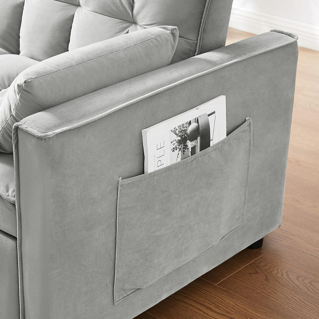 Gray Velvet Convertible Sofa Bed with Pullout Bed J8563