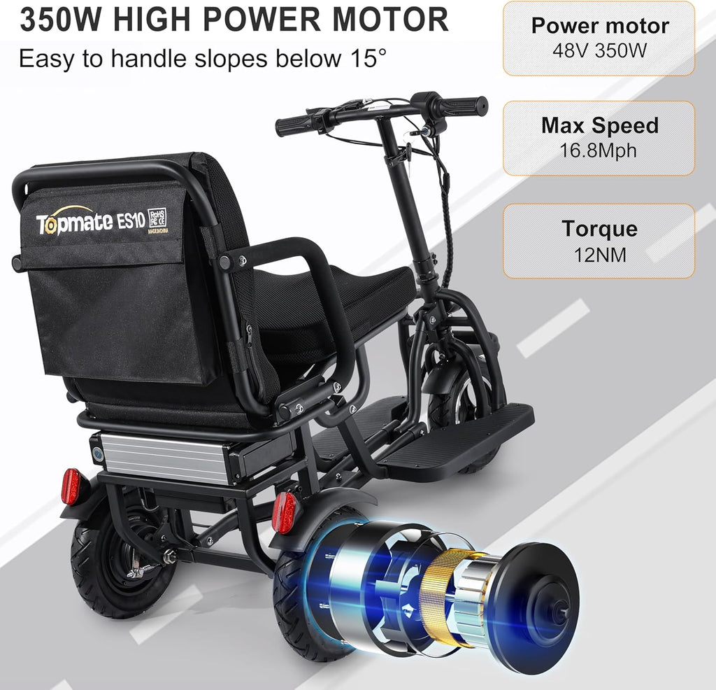3 Wheel Electric Scooter Lightweight Folding Powered Mobility Scooter with Ergonomic Seat and Removable Battery Black L9638
