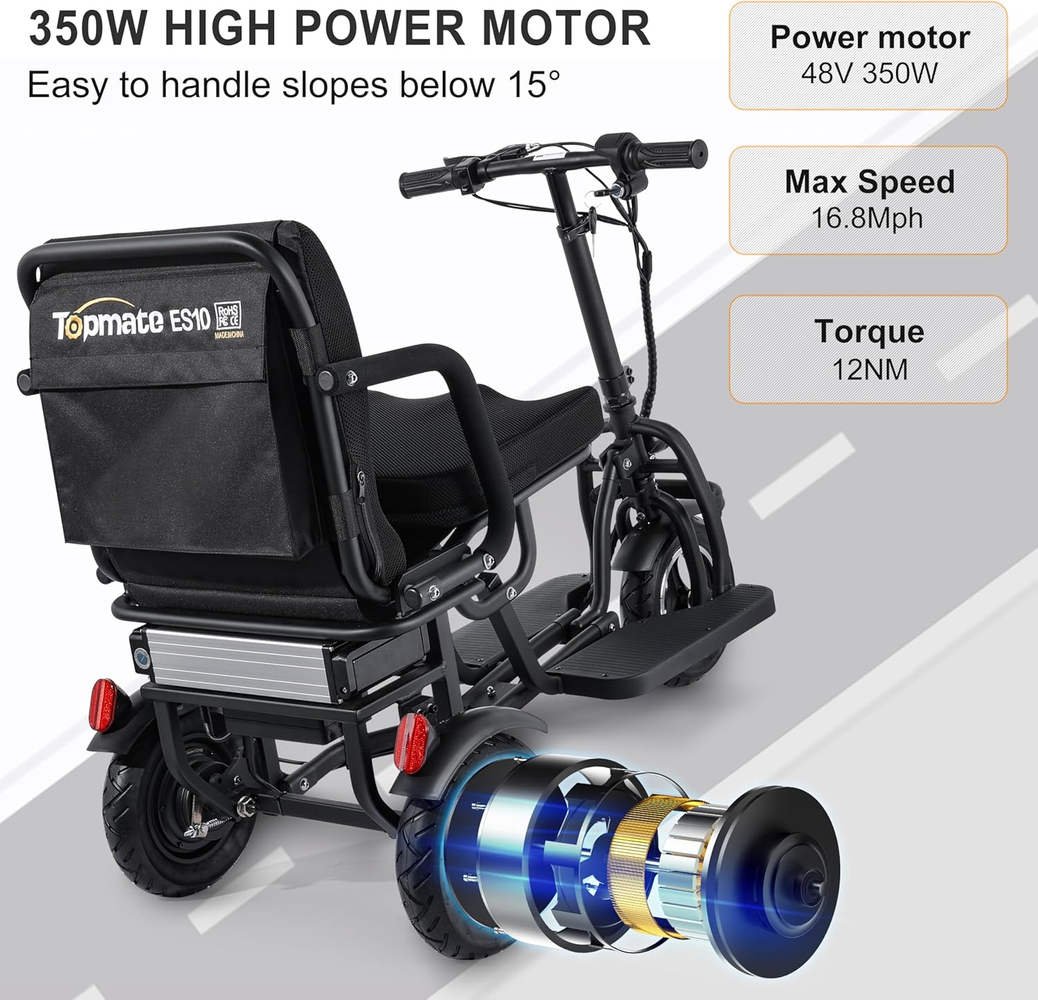 3 Wheel Electric Scooter Lightweight Folding Powered Mobility Scooter with Ergonomic Seat and Removable Battery Black L9638