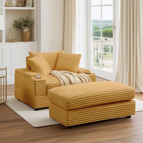 Oversized Corduroy Chaise Lounge Chair with Ottoman and Cup Holder Y52552