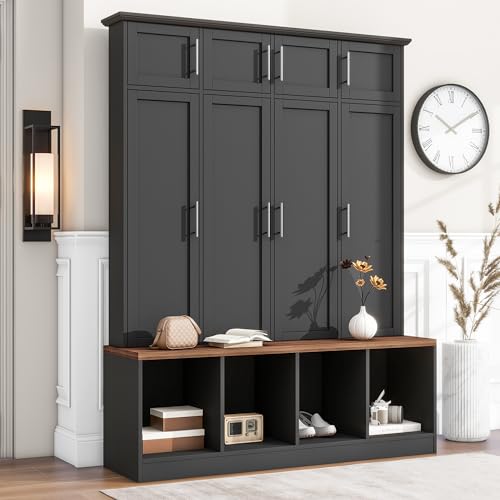 White 4 Shelves 8 Cabinets Hall Tree Coat Rack with Bench R93386