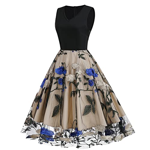 V Neck Sleeveless Mesh Floral Embroidery Dress D7930
