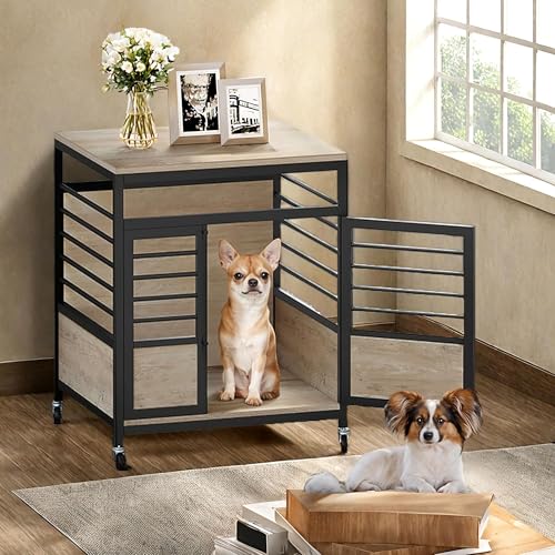 Rustic Brown Wooden Dog Crate with Storage Shelves and Double-Doors G749059