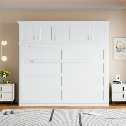 White Full Size Foldable Wall Bed with Storage Cabinet U5691