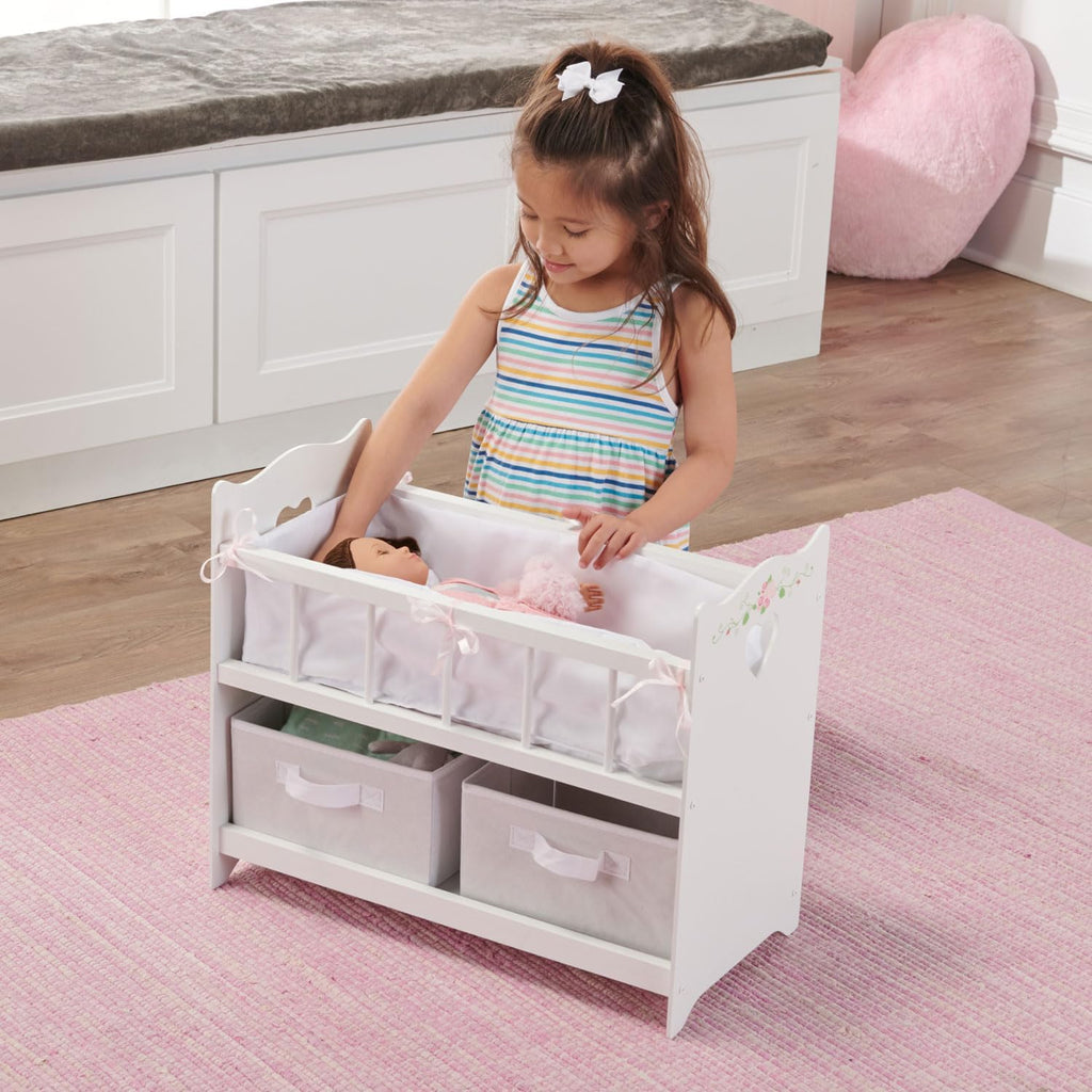 Toy Doll Bed with White Bedding and Storage Baskets W441243