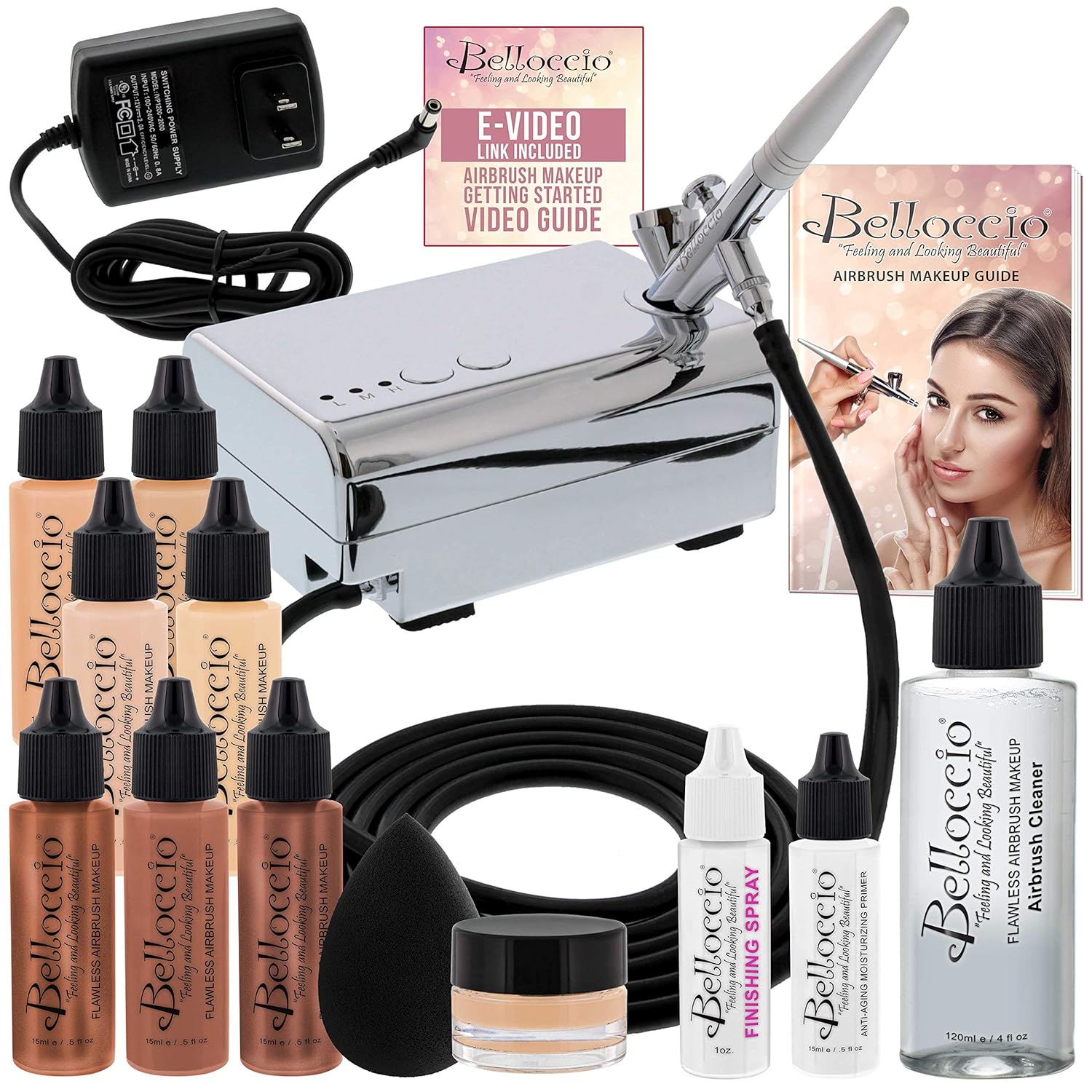 Professional Airbrush Makeup System with 4 Foundation Shades in 1/2 oz Bottles and Blush, Bronzer, Highlighters N738741