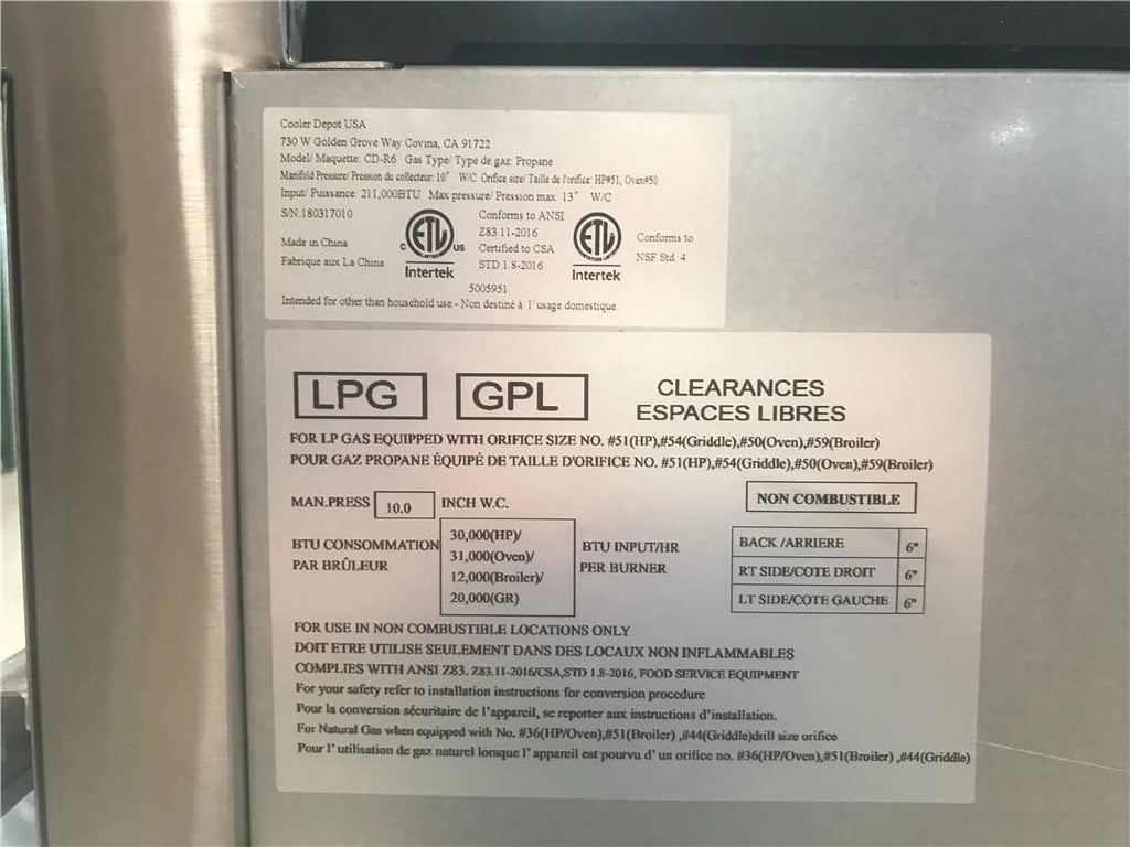 6 Burner Commercial Range and Oven, Stainless Steel, 211000 BTU B604