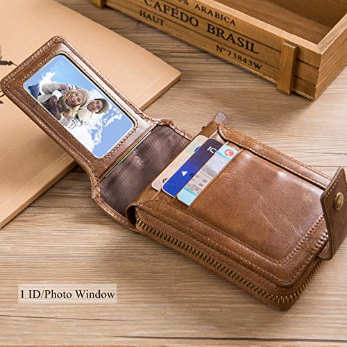 Genuine Leather Wallet with Zip Coin Pocket Coffee P2358