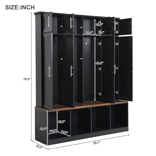 White 4 Shelves 8 Cabinets Hall Tree Coat Rack with Bench R93386