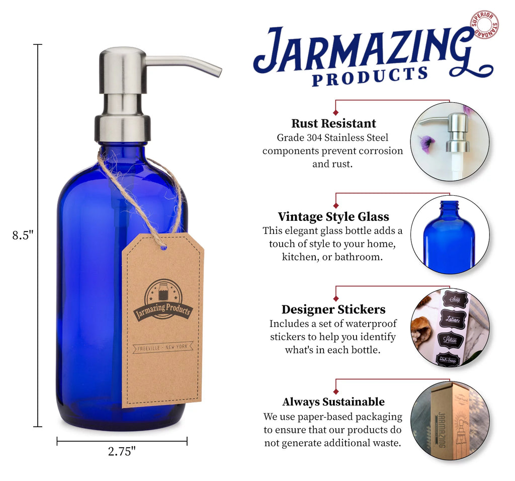 Cobalt Blue Glass Soap and Lotion Dispenser with Stainless Steel Pump - 2 Pack G480