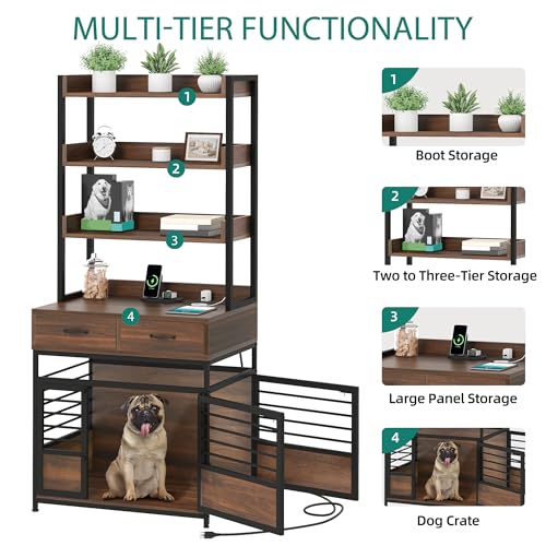 Rustic Brown Wooden Dog Crate with Storage Shelves and Double-Doors G749059