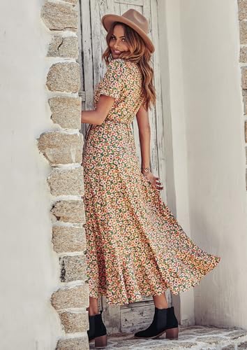 Women's Summer Wrap Maxi Dress Boho Floral V Neck Short Sleeve Ruffle Hem Split Beach Long Dresses M706792